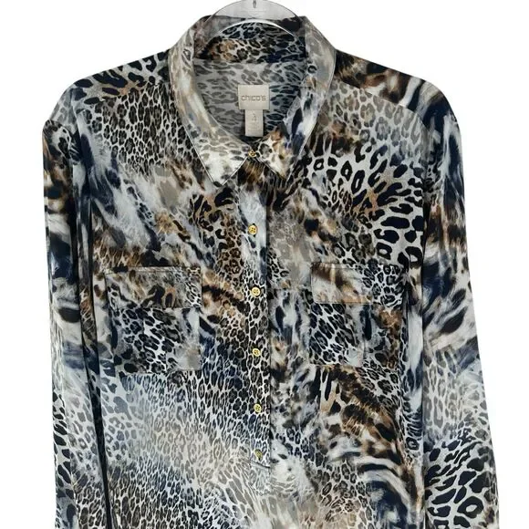 Chicos Shirt Womens XXL Brown Animal Print Zebra Cheetah Popover Tunic Top - Picture 4 of 16